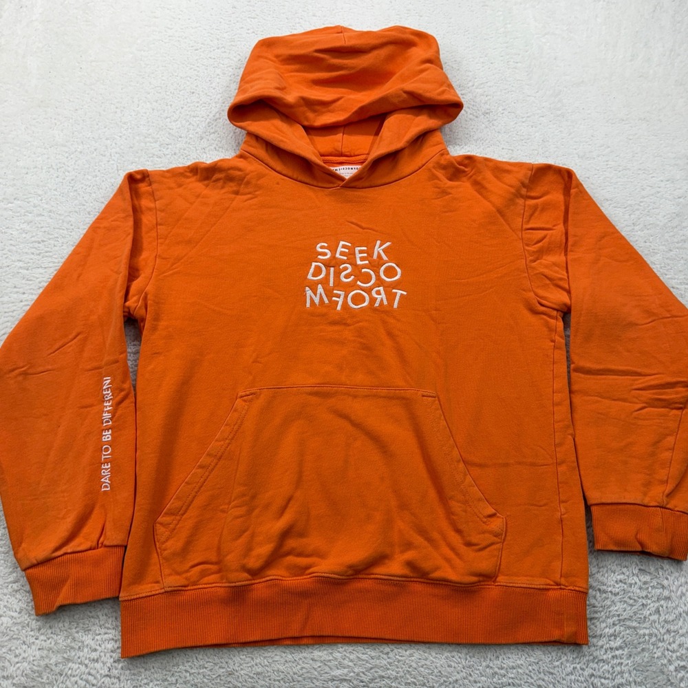 Seek Discomfort Mens Orange Organic Cotton Embroidered Logo Hoodie Size M